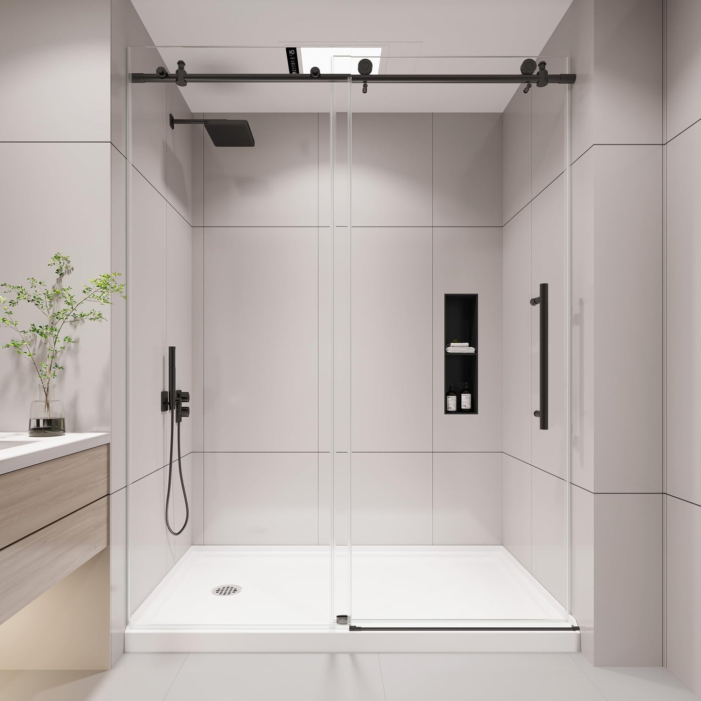 KPUY Frameless Shower Door, 43-48" W x 76" H Sliding Glass Shower Door, 1/4" (6mm) Thick Tempered Clear Glass with Explosion-Proof Film Nano Coating, Stainless Steel Hardware, Matte Black