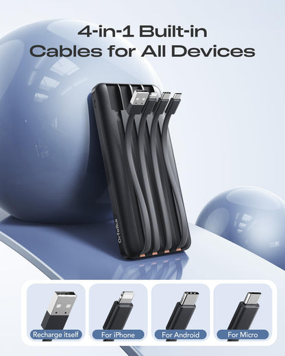 Orfeika 20000mAh Power Bank Fast Charging, Portable Charger with 4 Built-in Cables & 6 Outputs, 20W PD USB C Battery Pack Compatible with iPhone 16/15, Galaxy, Android, iPad & More (Travel Essential)