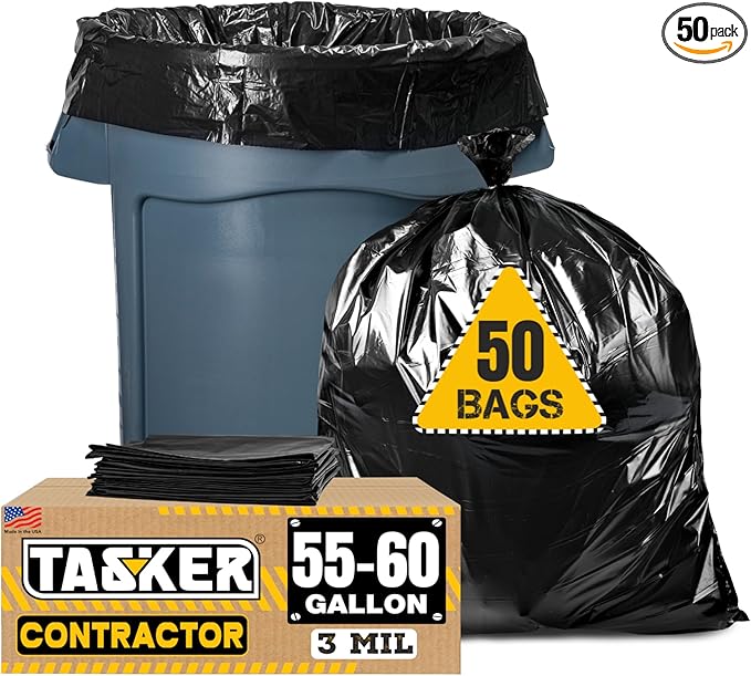 Tasker Contractor Garbage Bags 55 Gallon, 3 Mil Black Contractor Garbage Bag