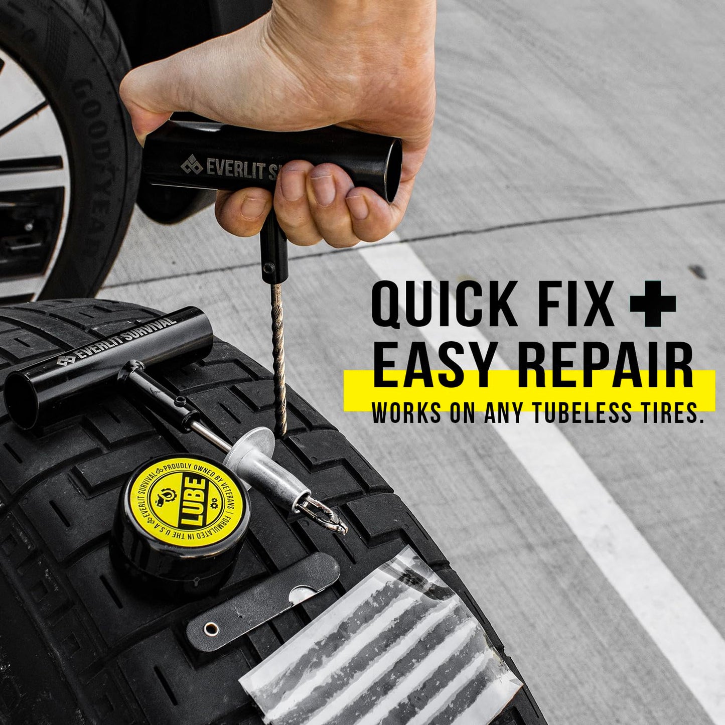 EVERLIT All-in-One Tire Repair Kit with Air Compressor – 150 PSI Portable Cordless Tire Inflator & Plug Kit – Flat Tire Emergency Roadside Kit for Car, SUV, Truck & Motorcycle Fast Repair & Inflation