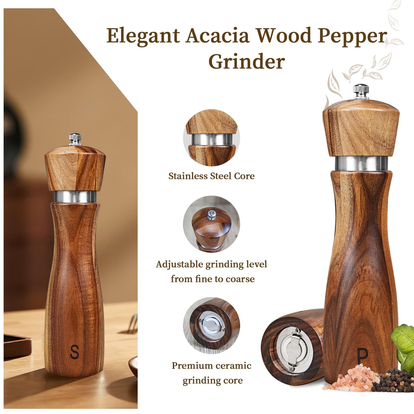 Haomacro Salt and Pepper Grinder Set of 2,8Inch Updated Wooden Pepper Mill Shaker,Modern Oak Wood Salt Mill Pepper Grinder Set Refillable with Adjustable Ceramic Rotor