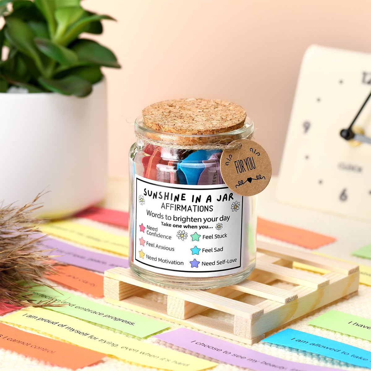 Sunshine in Glass Jar Positive Affirmations Jar for Sending You Sunshine Daily Uplifting Affirmations for Self Care and Positive Vibes Christian Gift for Friends Women Teachers Mother's Day