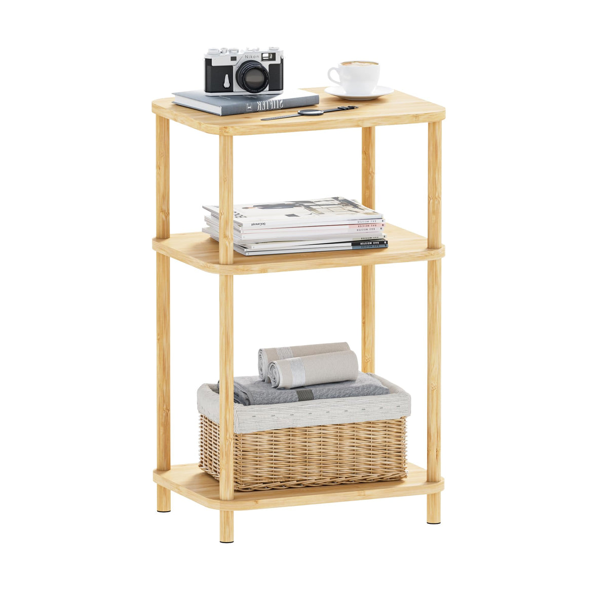 SANLUCE Bamboo End Table, Side Table for Small Space with Storage Shelf, Small Table Stand, Narrow Wooden Bedside Table Nightstand, Toolless Assembly, for Nursery, Living Room, Bedroom, Natural