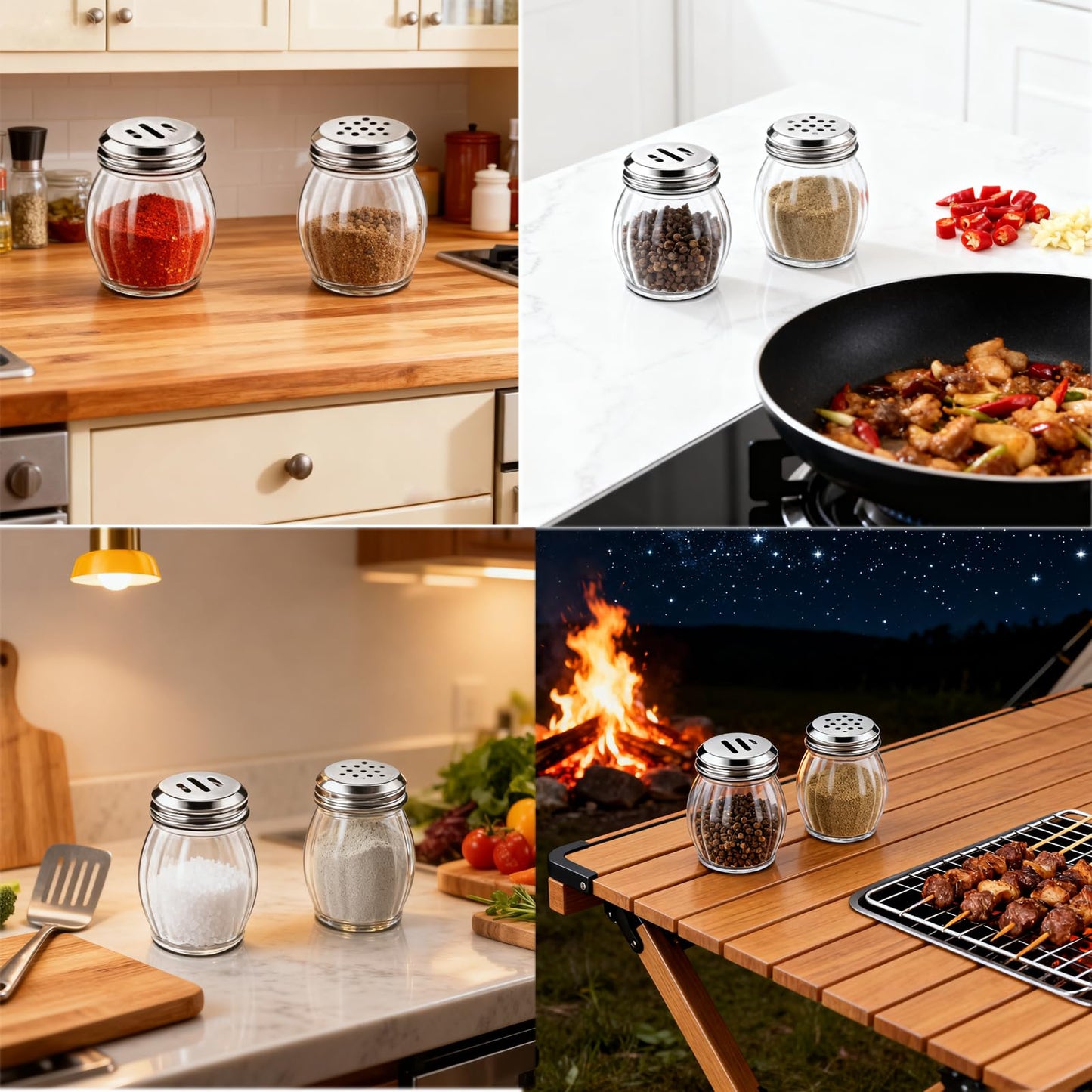 Glass Spice Shaker Set with Stainless Steel Top, 6 Ounces, 4-Piece, Salt and Pepper Dispensers (4)