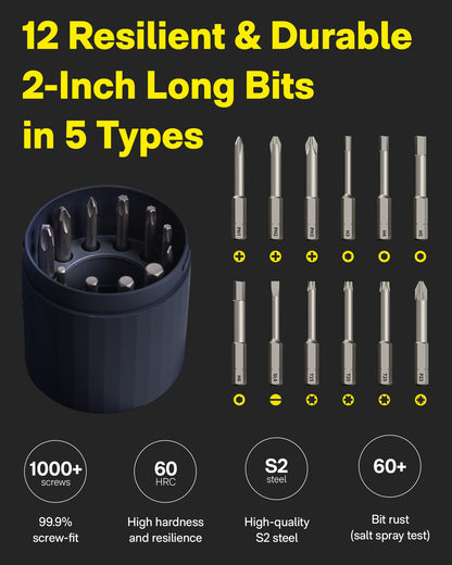 HOTO Electric Screwdriver Set, 3.6V Rechargeable Screwdriver Set with 12 S2-Steel Bits, Cordless Power Screwdriver with LED Light, All-in-One Design, 3 Torque, 4N·m 1500mAh, USB-C Charging