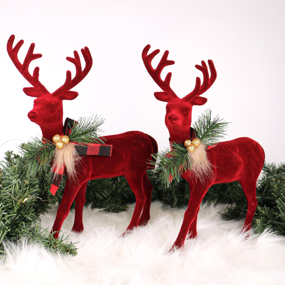 Lotus Hills 2 pcs Reindeer Christmas Decorations, Flocking Christmas Reindeer Figurines with Red Buffalo Plaid Bow, Deer décor Christmas Table Centerpieces Decorations