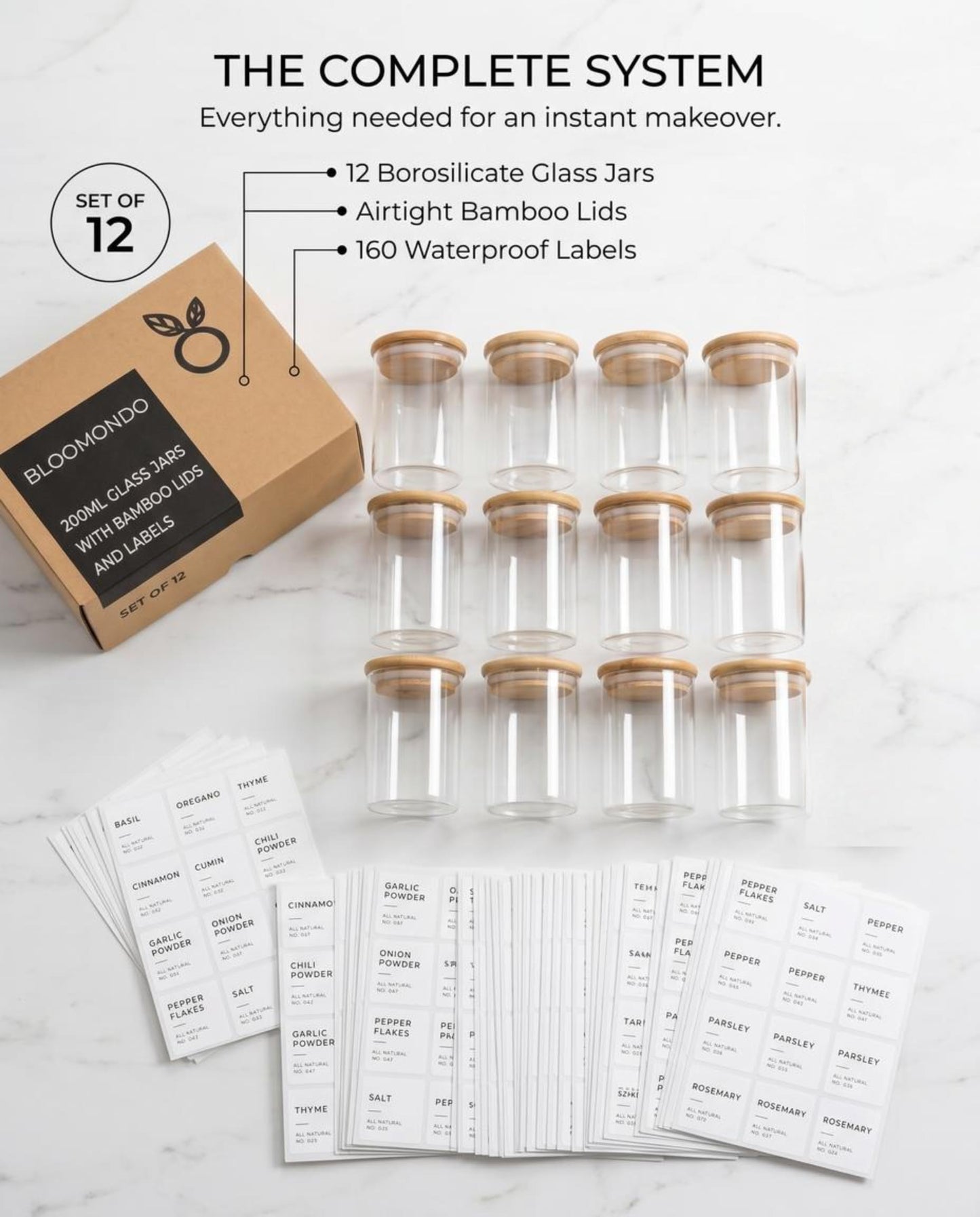 Bloomondo Glass Spice Jars with Label Pack (12x Bamboo Lid Glass Jar) Small 6oz Empty Spice Storage Bottles with 112 Printed Stickers and 48 Writable Pantry Labels for Seasoning Containers