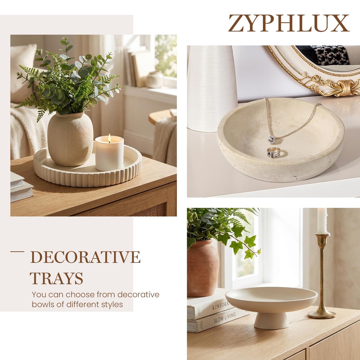 Zyphlux Round Decorative Trays & Coffee Table Tray, 11 Inch Fluted Coffee Table Centerpiece Decor, No Slip Modern Circle Concrete Organizer for Living Room, Console, Kitchen Island, Dresser
