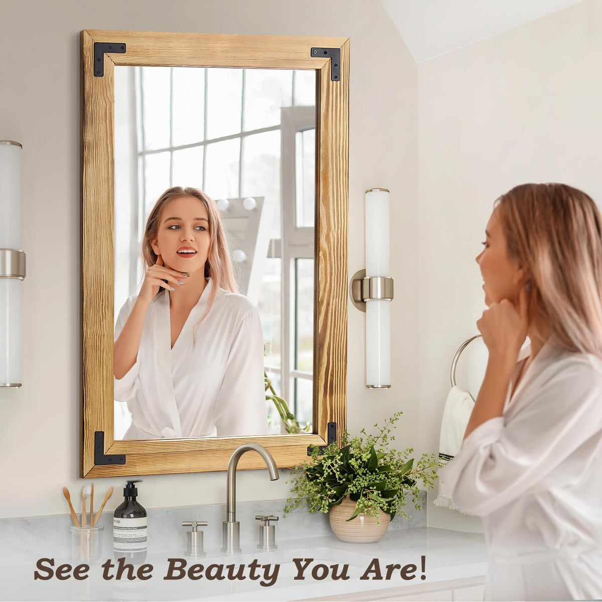 YNCLCS 36"×24" Rustic Wood Frame Mirror for Wall, Natural Bathroom Wooden Vanity Mirror, Solid Wood Frame, Vertical or Horizontal Hanging, Suit for Farmhouse, Living Room, Bedroom (Light Brown)