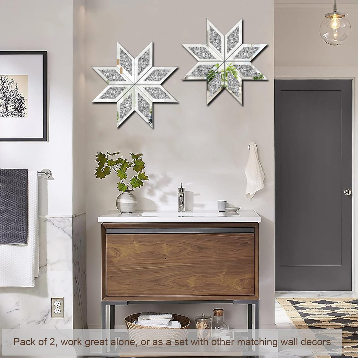 WALTSOM 2 Piece Crushed Diamond Decorative Mirror, Silver Crushed Diamond Mirror Decor Wall for Living Room Bedroom Bathroom Office (12X12in, Set of 2, Ready to Hang)