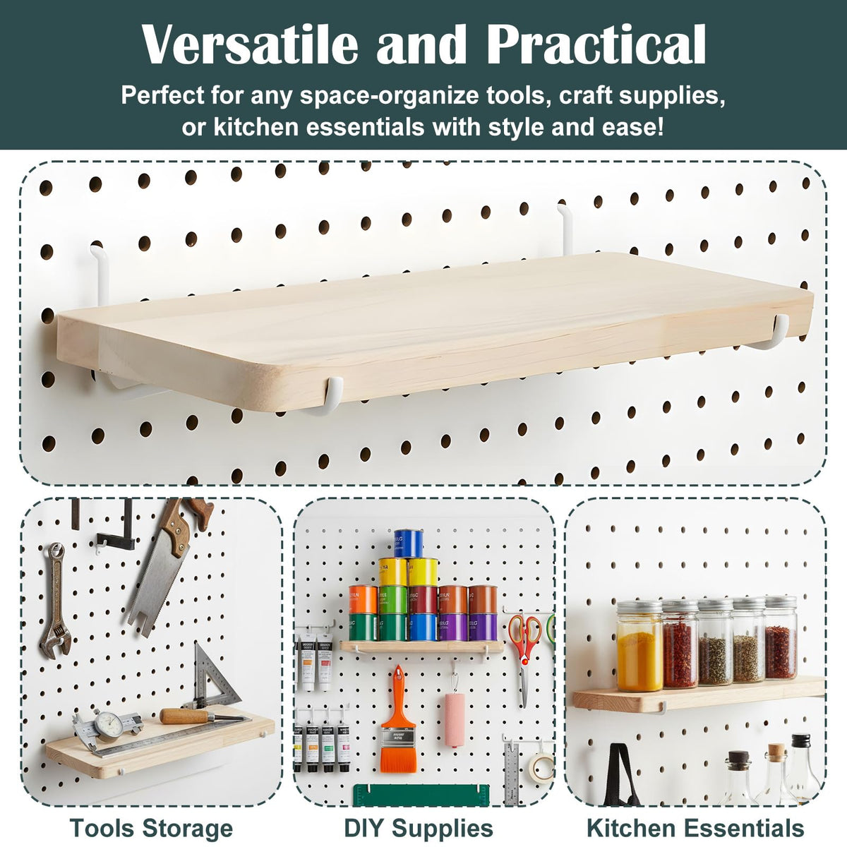 2 Pack Pegboard Shelves, Solid Wood Wall Shelf with Hooks, Solid Wood Pegboard Shelf, High Balance and No tilt, Wooden Pegboard Shelves for Metal Pegboard, Organizer Accessories for Home & Office