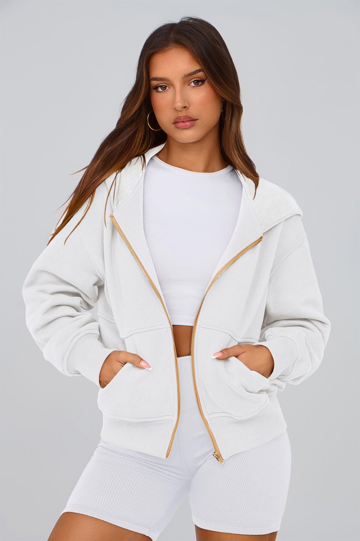 PRETTYGARDEN Women's Zip Up Hoodie Sweatshirt Y2K Fall Fashion Long Sleeve Loose Fit Casual Trendy Jackets Winter Clothing (White,Small)