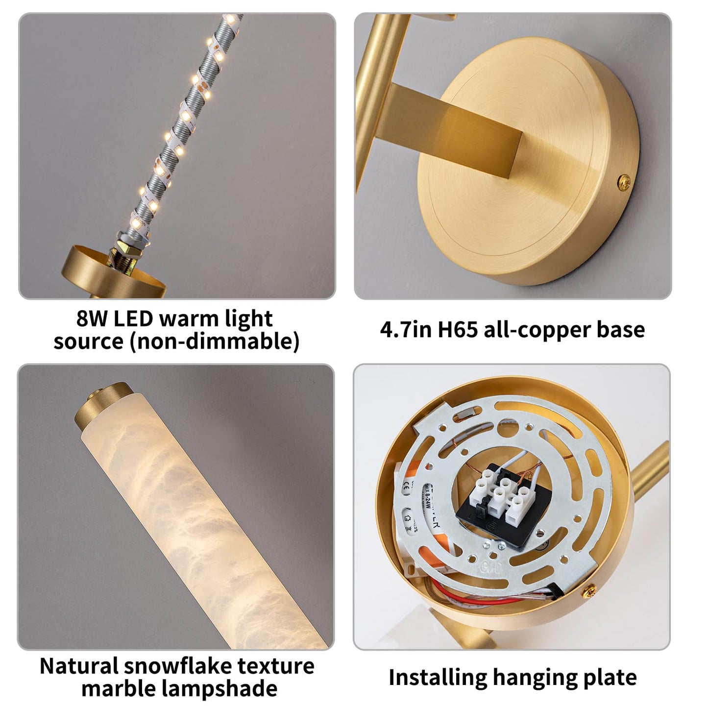 Modern Alabaster Wall Sconce, 18.9" Brass Wall Mounted Light Fixture with Cylindrical Natural Marble Shade, 3000K, LED Warm Light, Marble wall light for Bathroom Vanity, Bedroom, Living Room (Gold)