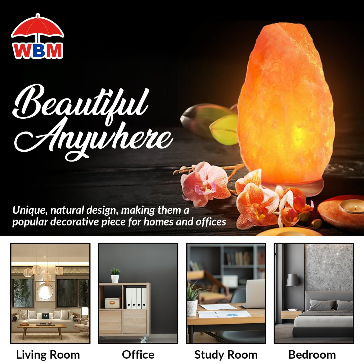 WBM Salt Lamp - USB Himalayan Salt Lamp with Touch Dimmer Control, Natural Pink Crystal, 5-7 lbs, Wooden Base, LED Bulb, Room Decor, Home Decor, Relaxation, Ambiance, Gift