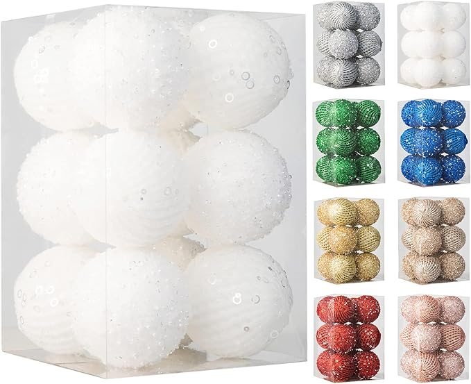 3.15" Christmas Ball Ornaments Glitter Shatterproof Christmas Tree Ornaments Sequin Xmas Hanging Balls Decorations for Wedding Party Holiday(White, 12pc-8cm)