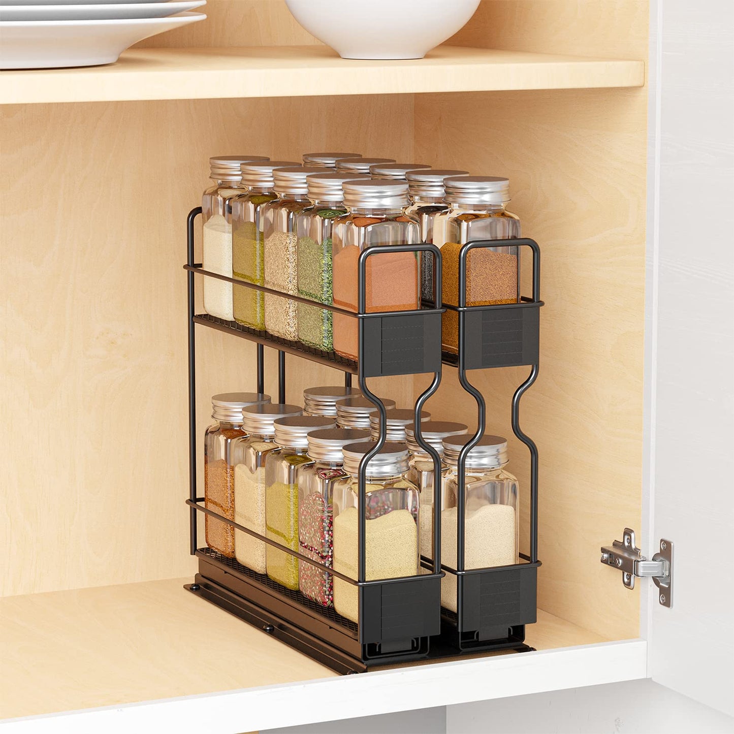 SpaceAid Pull Out Spice Rack Organizer for Cabinet, Heavy Duty Slide Out Seasoning Kitchen Organizer, Cabinet Organizer, with Labels, 5.2" W x10.75 D x10 H, 2 Drawers 2-Tier