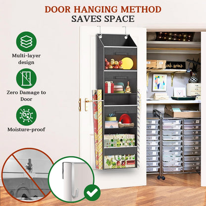 Over Door Wrapping Paper Organizer Storage with 3 Removable Drawers & Side Pockets – Dual Use Design with Elastic Straps – Christmas Gift Wrap Storage for Ribbons, Bows, Ornament and Other Tools 1Pack