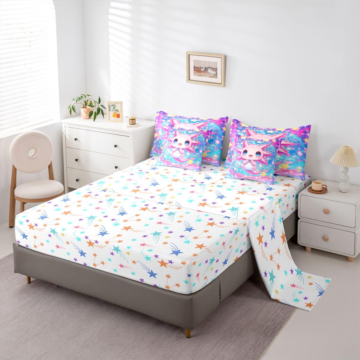 Kids Cute Axolotl Queen Bedding Set for Girls Teens Pink Axolotl Comforter Set with Flat and Fitted Sheet Dreamy Princess Rainbow Galaxy 7-Piece Bed in a Bag Cartoon Bubble Stars Sky Quilt Sets