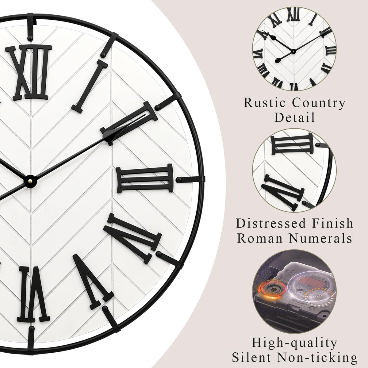 EMAX HOME 24 Inch Large Wooden Wall Clock – Extra Large Farmhouse Wall Clock with 3D Roman Numerals, Modern White Round Wood & Metal Clock for Living Room, Silent & Accurate Timekeeping