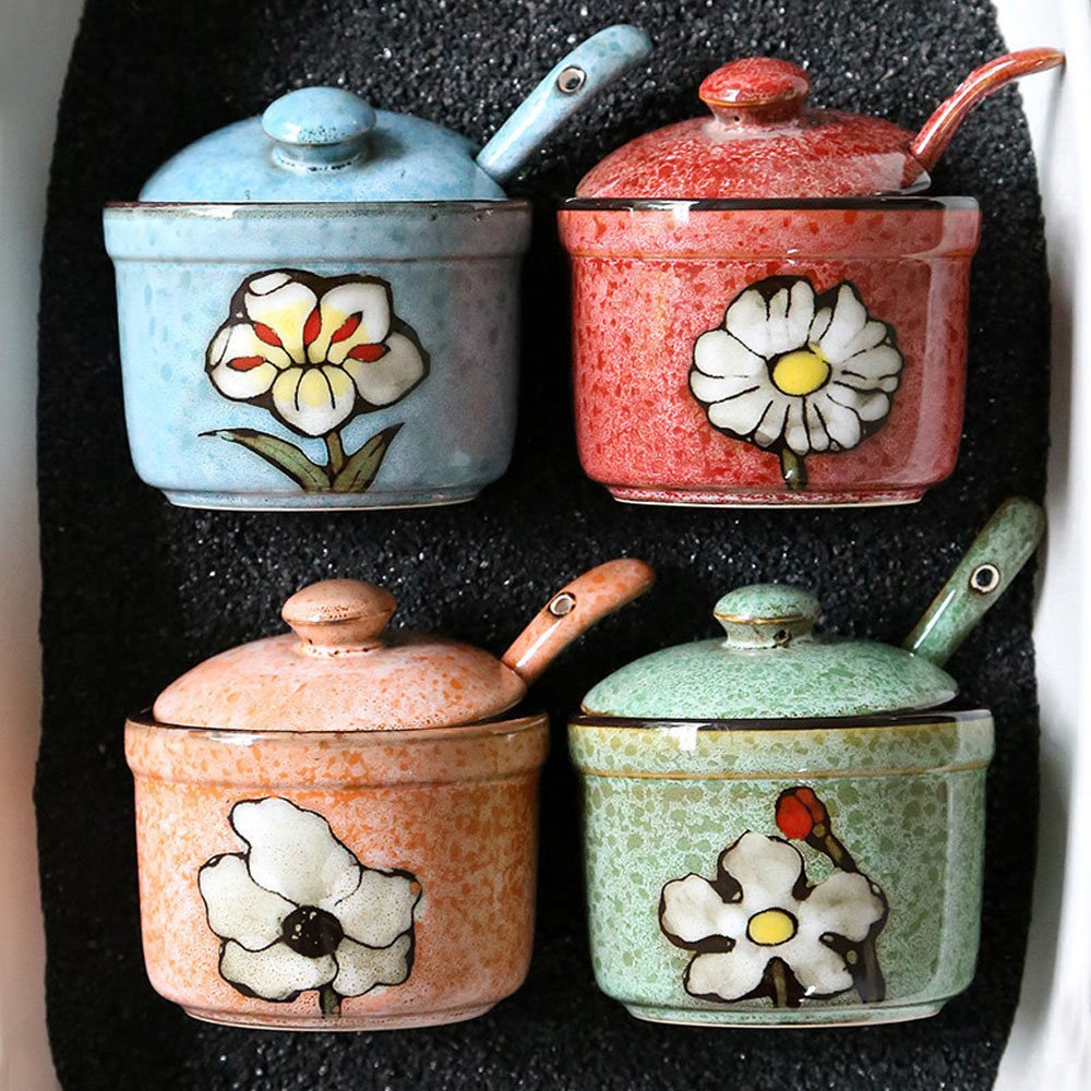 Ceramic Retro Flower Sugar Bowl Seasoning Pot with Lid And Spoon