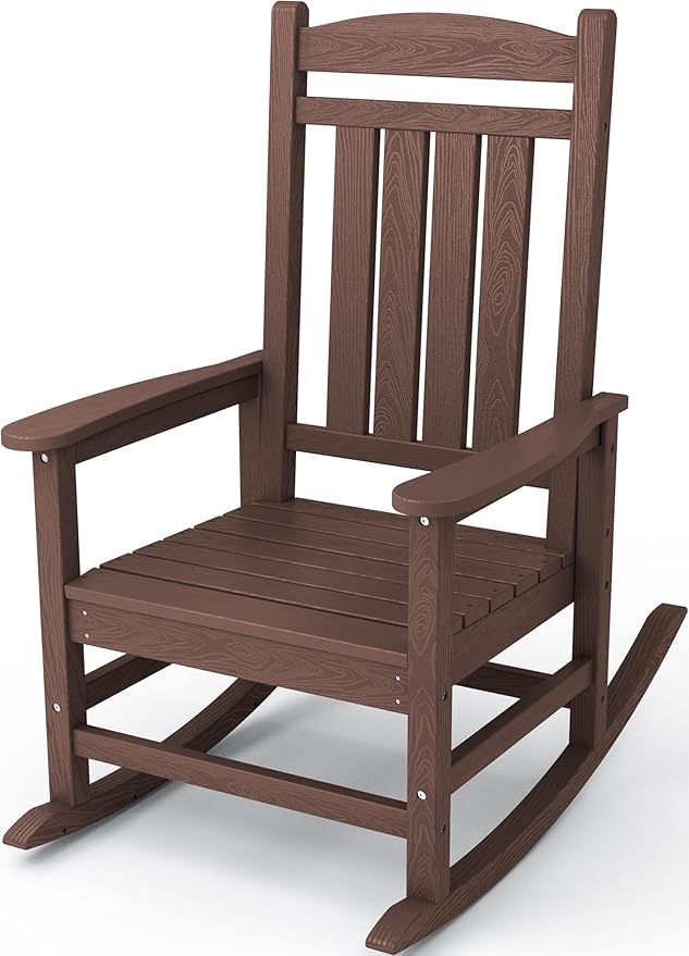 KINGYES HDPE Rocking Chairs Outdoor, Patio Rocking Chairs with 330lbs Support, Smooth Porch Rocker for Deck Lawn Yard, Coffee Brown