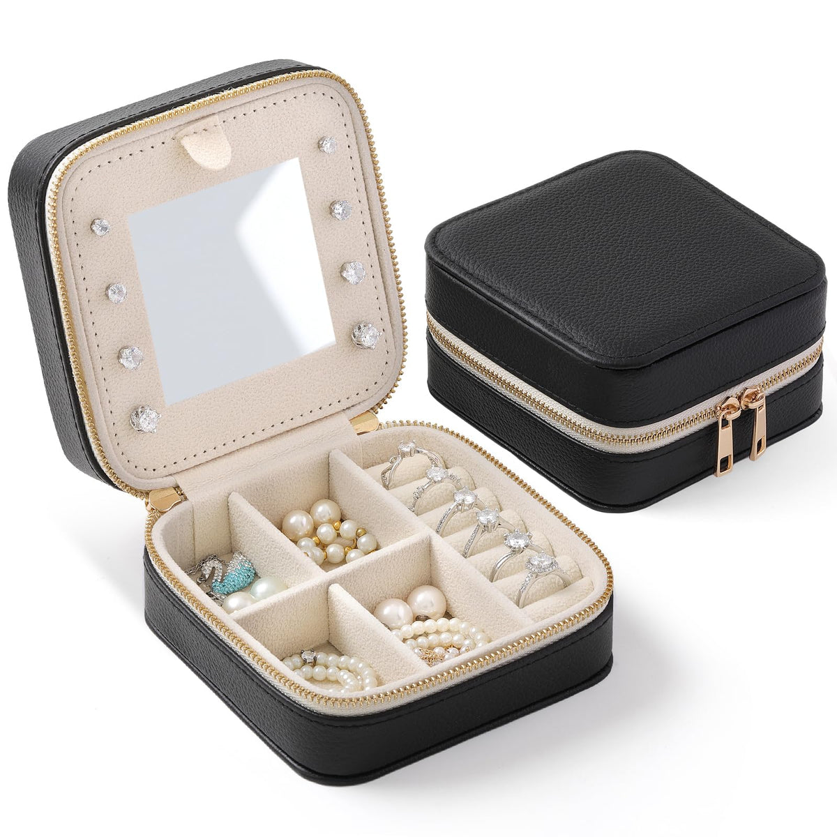 NGVRC Genuine Leather Travel Jewelry Organizer Case with Mirror for Women, Small Mini Portable Jewelry Box for Ring Earrings Necklace Bracelet Luxury Gift for Women（Black）