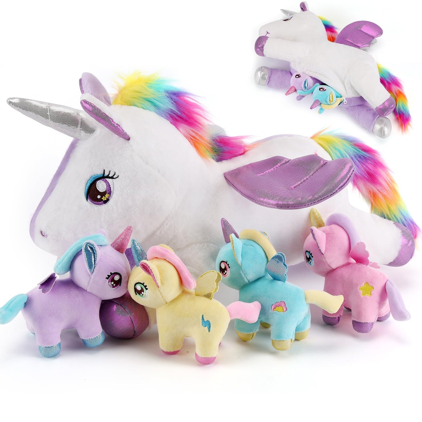 gnomantic 5 Pieces Unicorn Stuffed Animals - 1 Mommy Stuffed Unicorn with 4 Babies - Unicorns Gifts for Girls Ages 3 4 5 6 7 8, Unicorns Plush Toys for Christmas, Valentine's, Birthday Gifts (Purple)