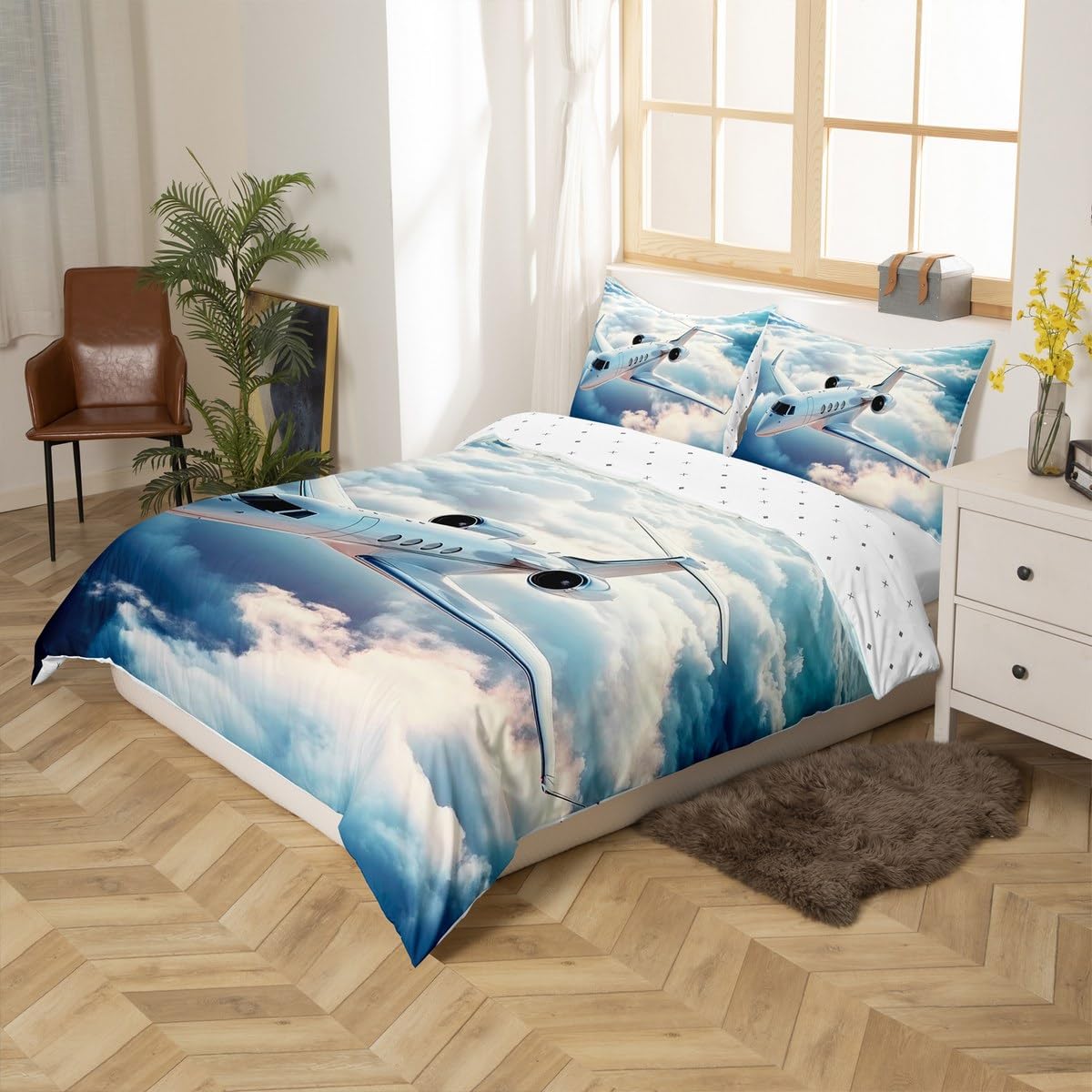 Feelyou Kids Aircraft Bedding Set Queen Size,3D Airplane Duvet Cover Boys Girls Fighter Plane Comforter Cover Sky Planes Teens Bedspread Cover Bedroom Decor Quilt Cover (No Comforter)