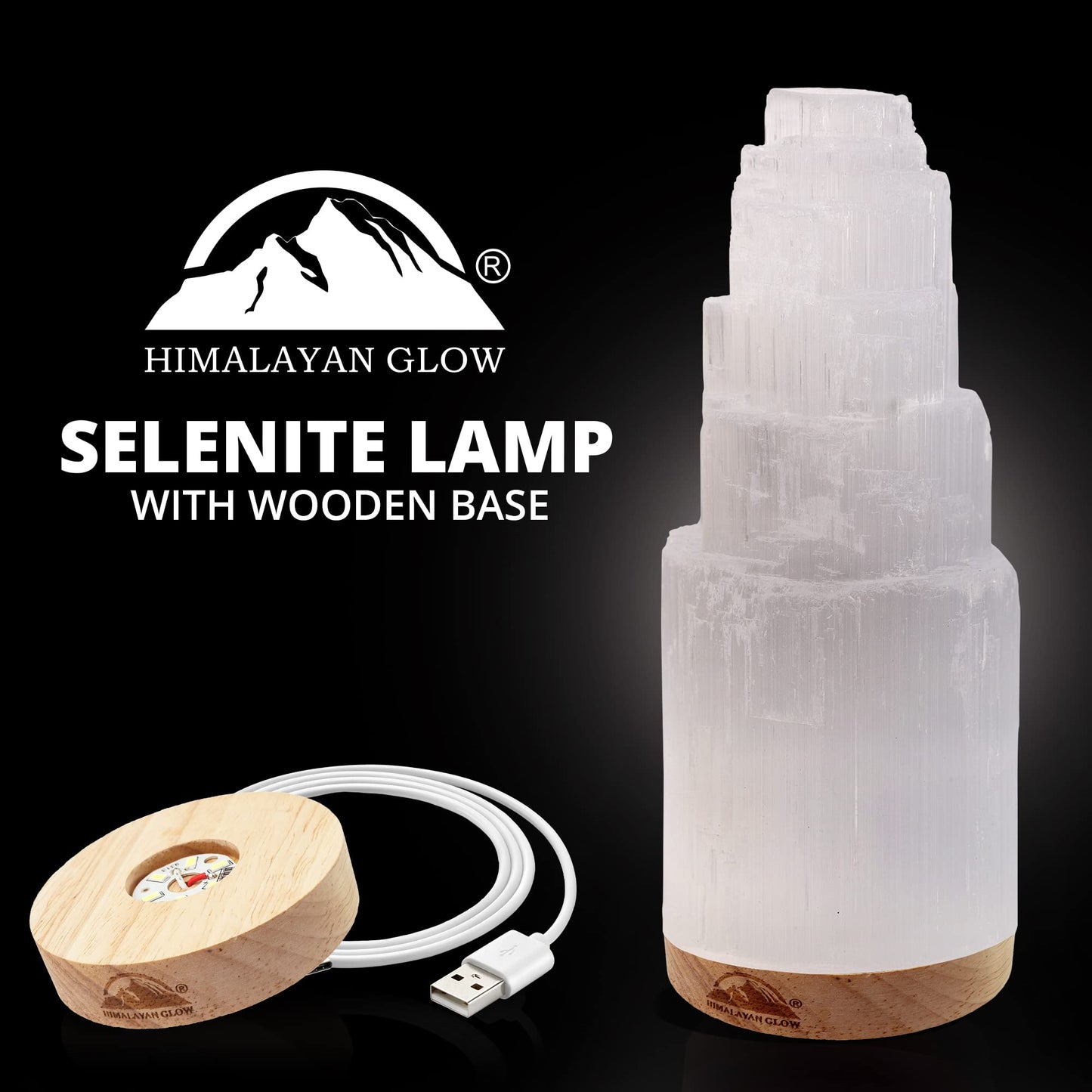 Himalayan Glow Selenite Crystal Lamp 20cm Large, Hand Curved Crystal Lamp with (ETL Certified) Wooden Base & USB Charging Cable for Home Décor - White