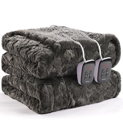 Bearhug Electric Blanket King Size 100" x 90", Dual Controller Heated Blanket, White Flower Patterns Faux Fur & Warm Sherpa, 10-Heat Levels & 1-12H Auto Off,ETL, Machine Washable