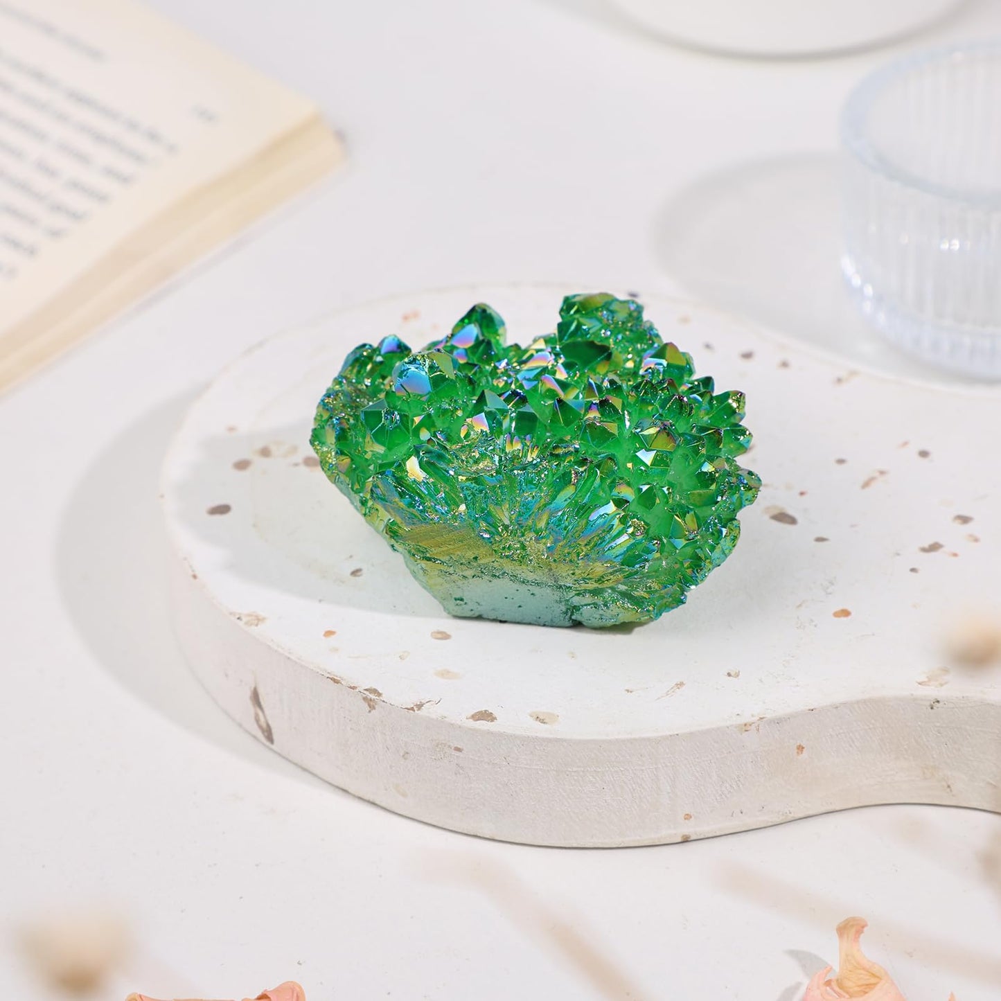 SUNYIK Green Titanium Coated Crystal Cluster,Quartz Drusy Geode Gemstone Specimen Specimen Sphere Figurine(0.2-0.3lb)