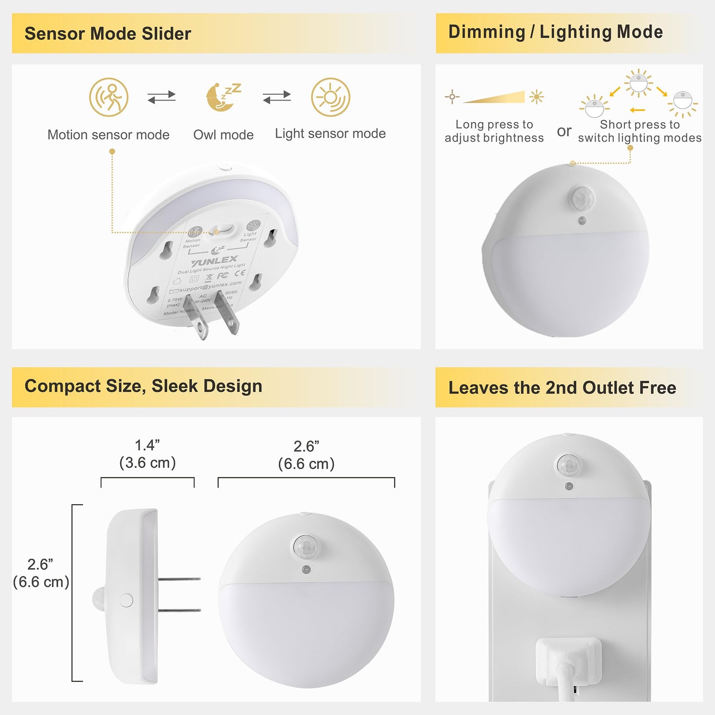 YUNLEX 2 Pack Plug in Sleep Night Light with Motion Sensor and Dusk to Dawn Sensor, 3 Modes, Soft Glow, Stepless Dimming, LED Lights for Bedroom, Sleep, Baby Nursery, Kids, Toddler, Home Decor (Amber)
