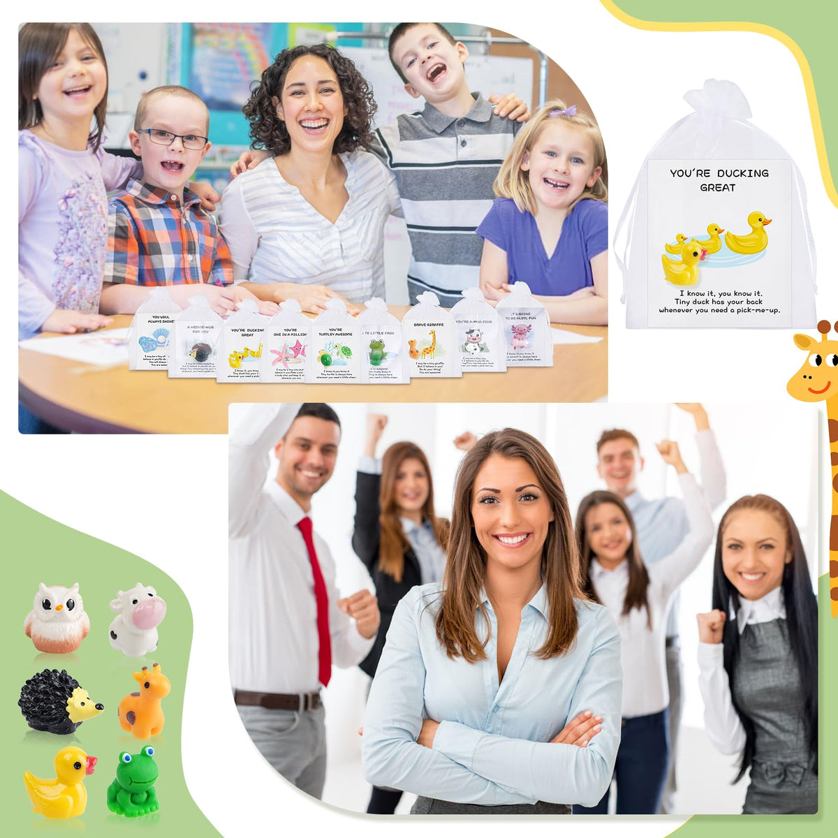 FACULX 100 Set Employee Appreciation Gifts Bulk for Coworkers Staff Thank You Gifts - Funny Resin Animal Favors Ducks Owls Turtles Stars Giraffe with Inspirational Note Cards Office Pocket Pun Favors