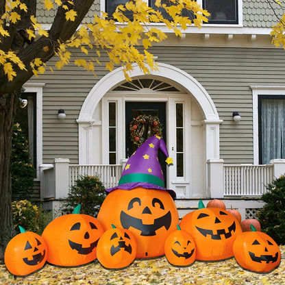 Poptrend Inflatable Halloween Decorations,8.2 FT Inflatable 7 Pumpkins Wearing Witch Hats Outdoor Halloween Blow Up Yard Decorations Internal LED Lights Holiday Decorations Home Garden