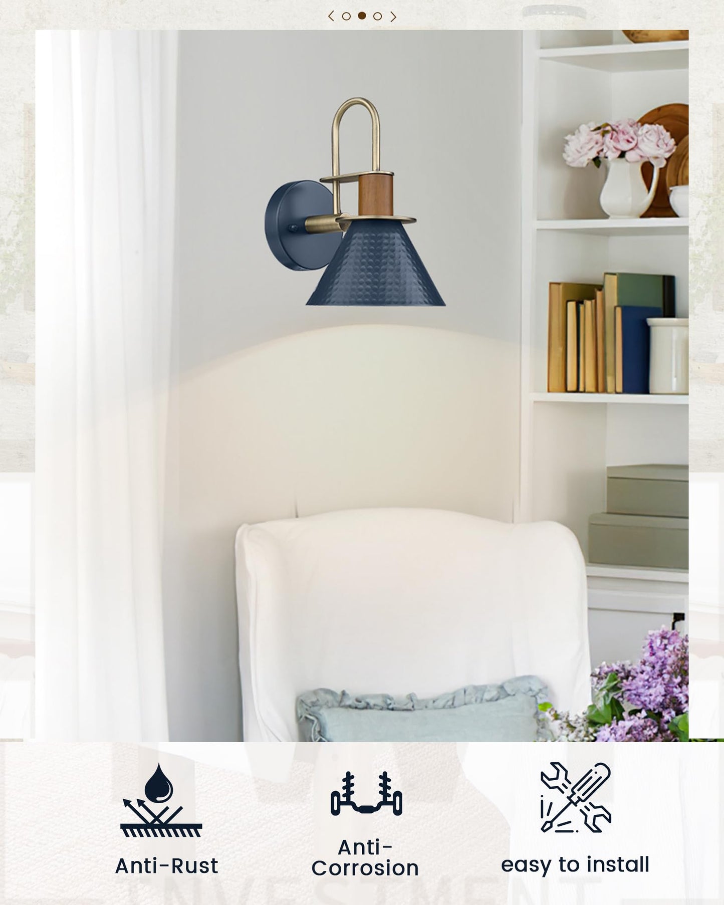 HWH Rustic Wall Sconces, Industrial Sconce Wall Lighting Indoor Wall Lamp, 1-Light Barn Vanity Light for Bathroom Bedroom Bedside, Hammered Metal Shade, Navy Blue Finish, 5HZG74B BL+BG
