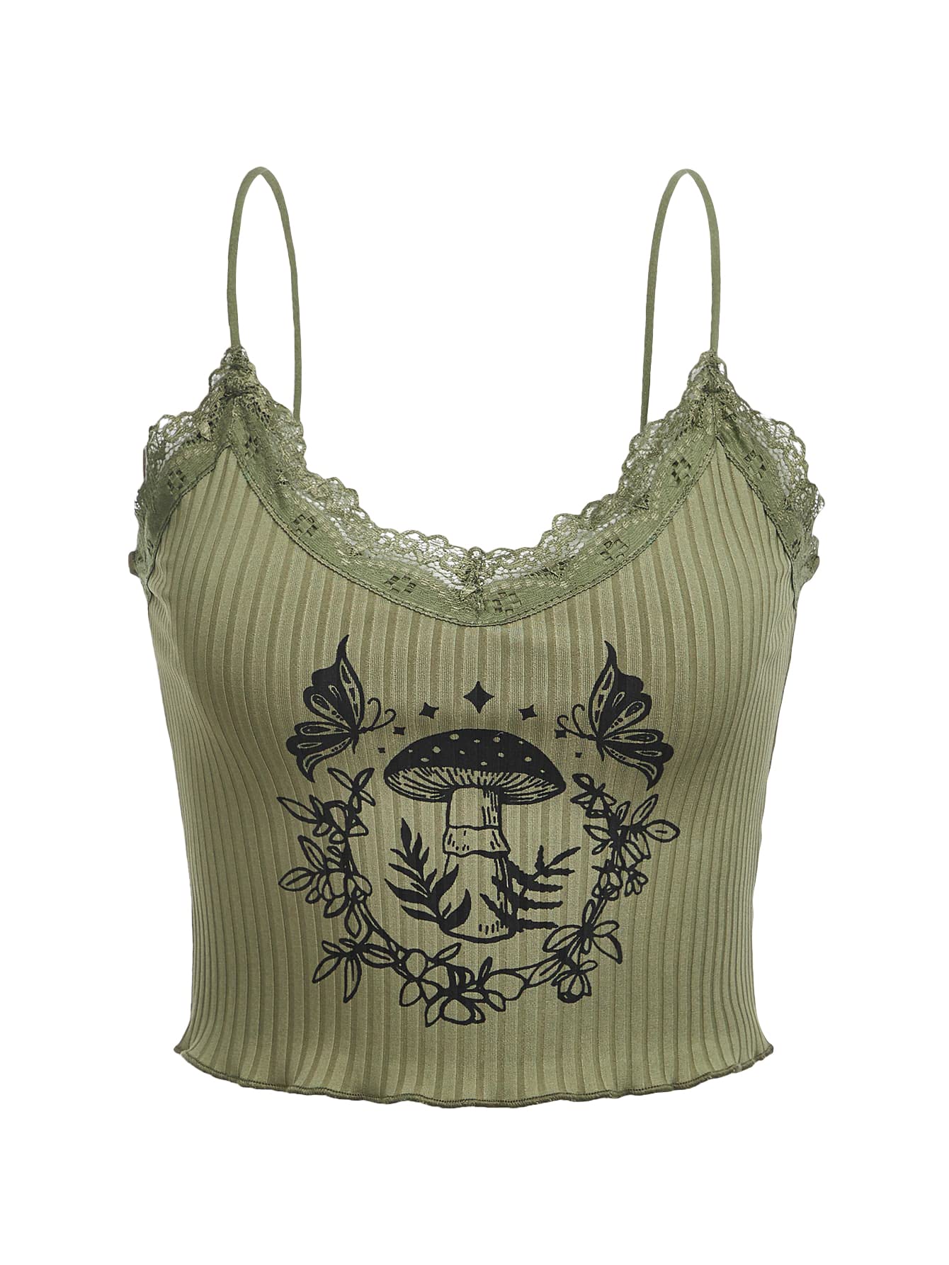SOLY HUX Women's Y2k Gothic Lace Trim Cami Crop Top Sleeveless Sexy Tank Tops Camisole Clubwear Outfit Army Green S