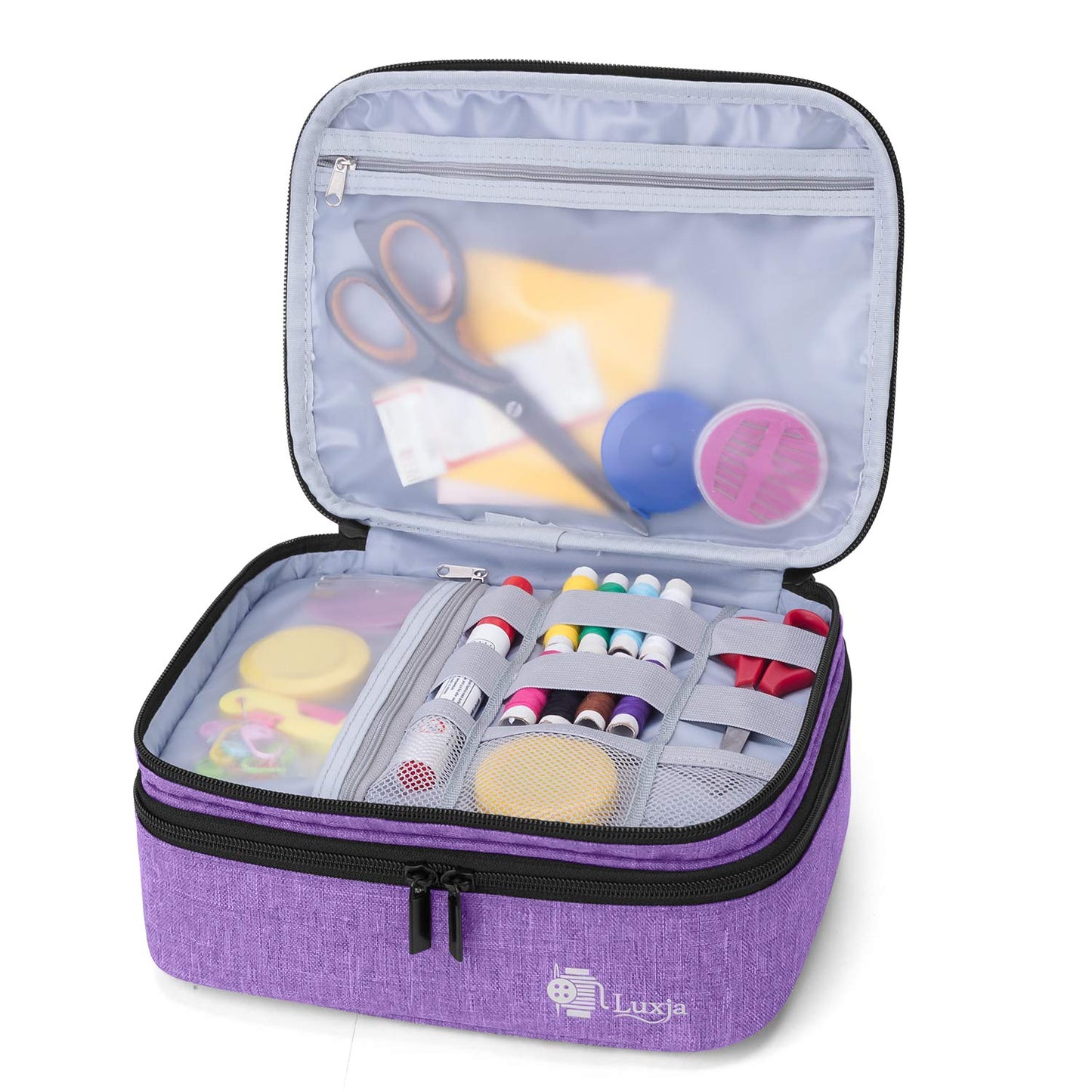 Luxja Double-Layer Sewing Supplies Organiser, Sewing Accessories Organiser for Needles, Thread, Scissors, Measuring Tape and Other Sewing Tools (Bag Only), Purple