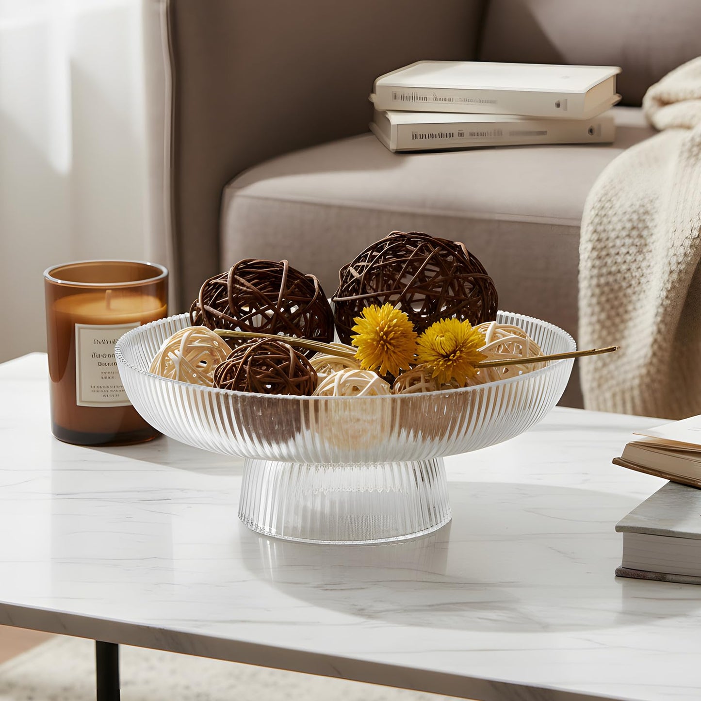 Kultilanda Large Glass Fruit Bowl for Kitchen Counter Decorative Centerpiece Bowl for Table Home Déco, Clear Ribbed
