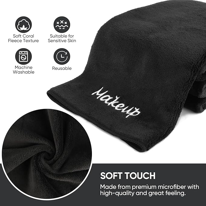 Makeup Remover Cloth, 24 Pack Black Facial Wash Cloths, Soft Coral Fleece