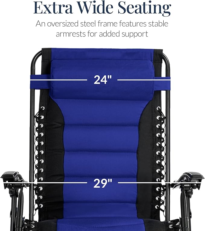 Best Choice Products Oversized Padded Zero Gravity Chair, Folding Outdoor Patio Recliner, XL Anti Gravity Lounger for Backyard w/Headrest, Cup Holder, Side Tray, Polyester Mesh - Blue