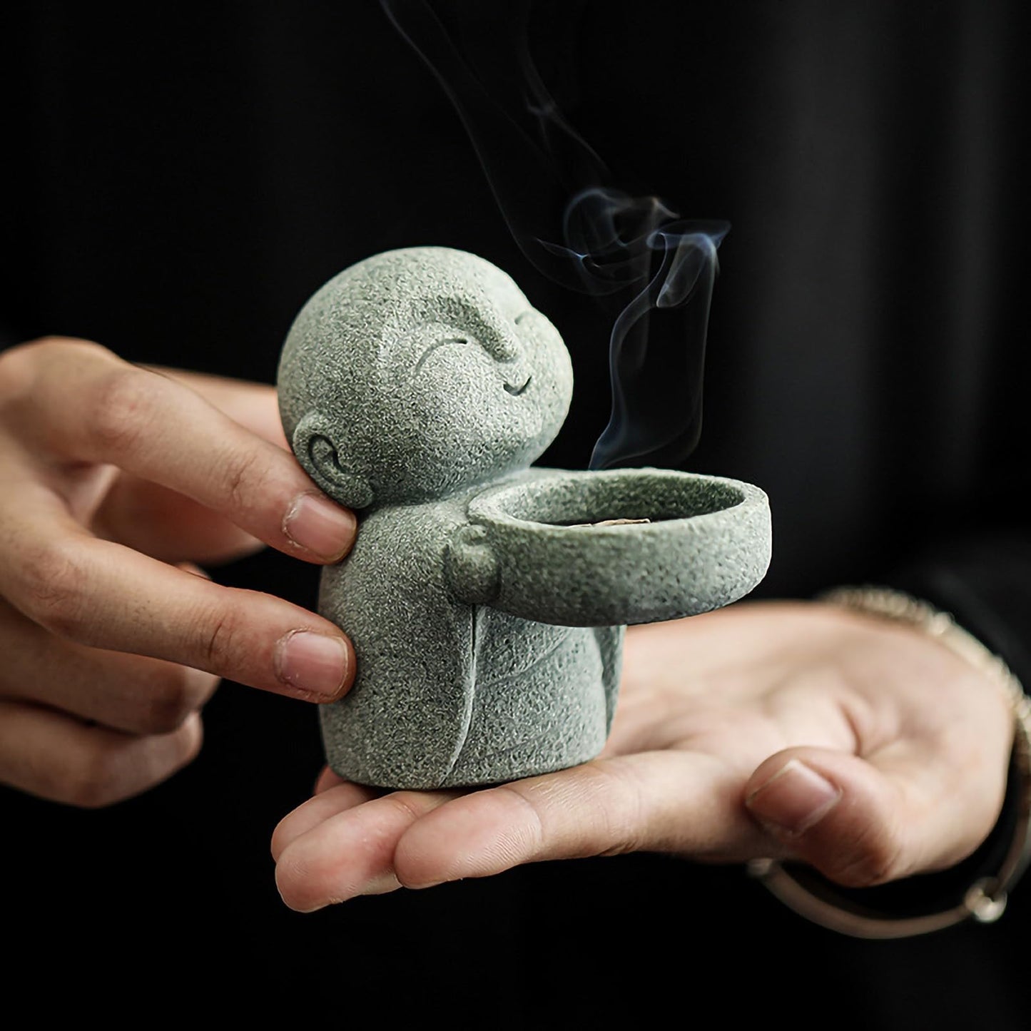 ZKSYLSM Sandstone Buddha Statue Candle & Incense Cone Holder, Small Jizo Figurine for Home Decor, Tiny Buddha Zen Monk Tealight Holder for Desk, Shelf or Nightstand, 3.5" H Mini Stone Decor Gift
