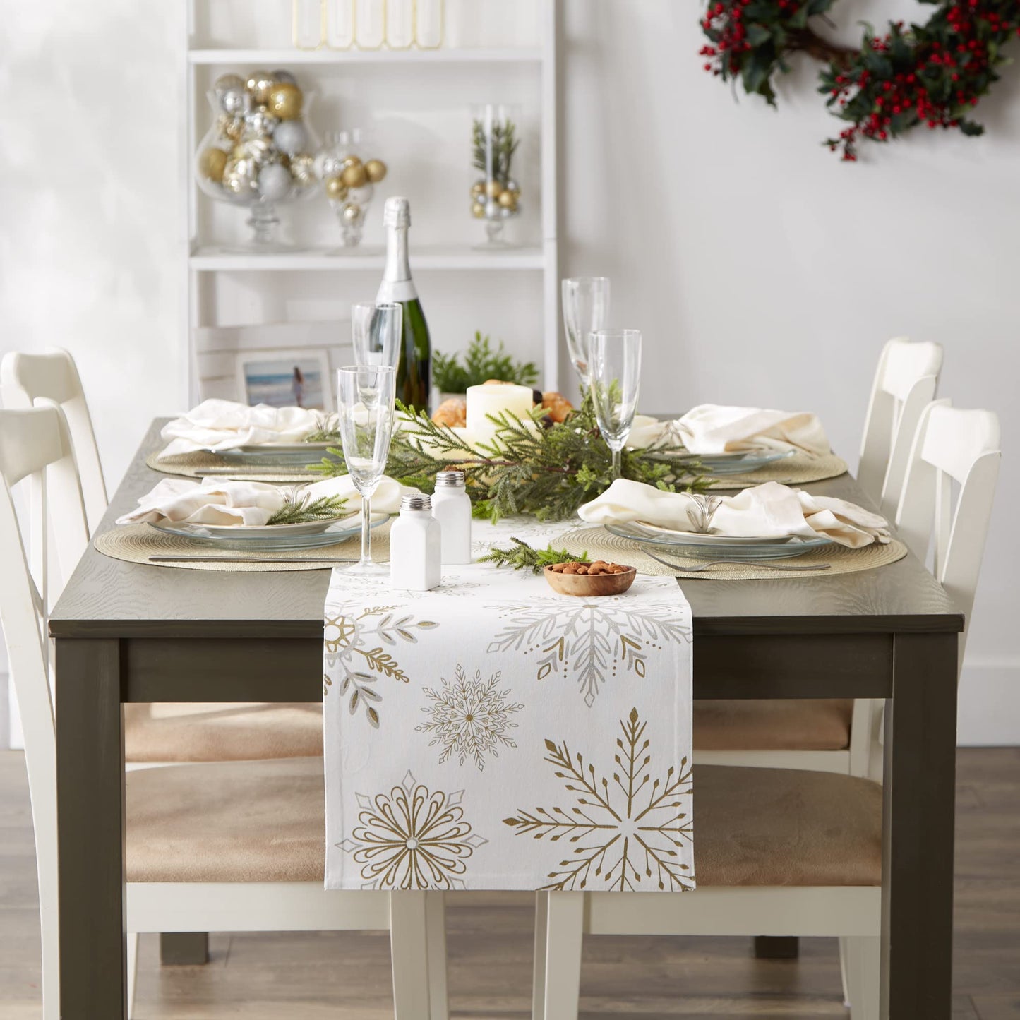 DII Holiday Dining Table Linen Sparkle Metallic Kitchen Décor, Table Runner, 14x72, Snowflakes Print