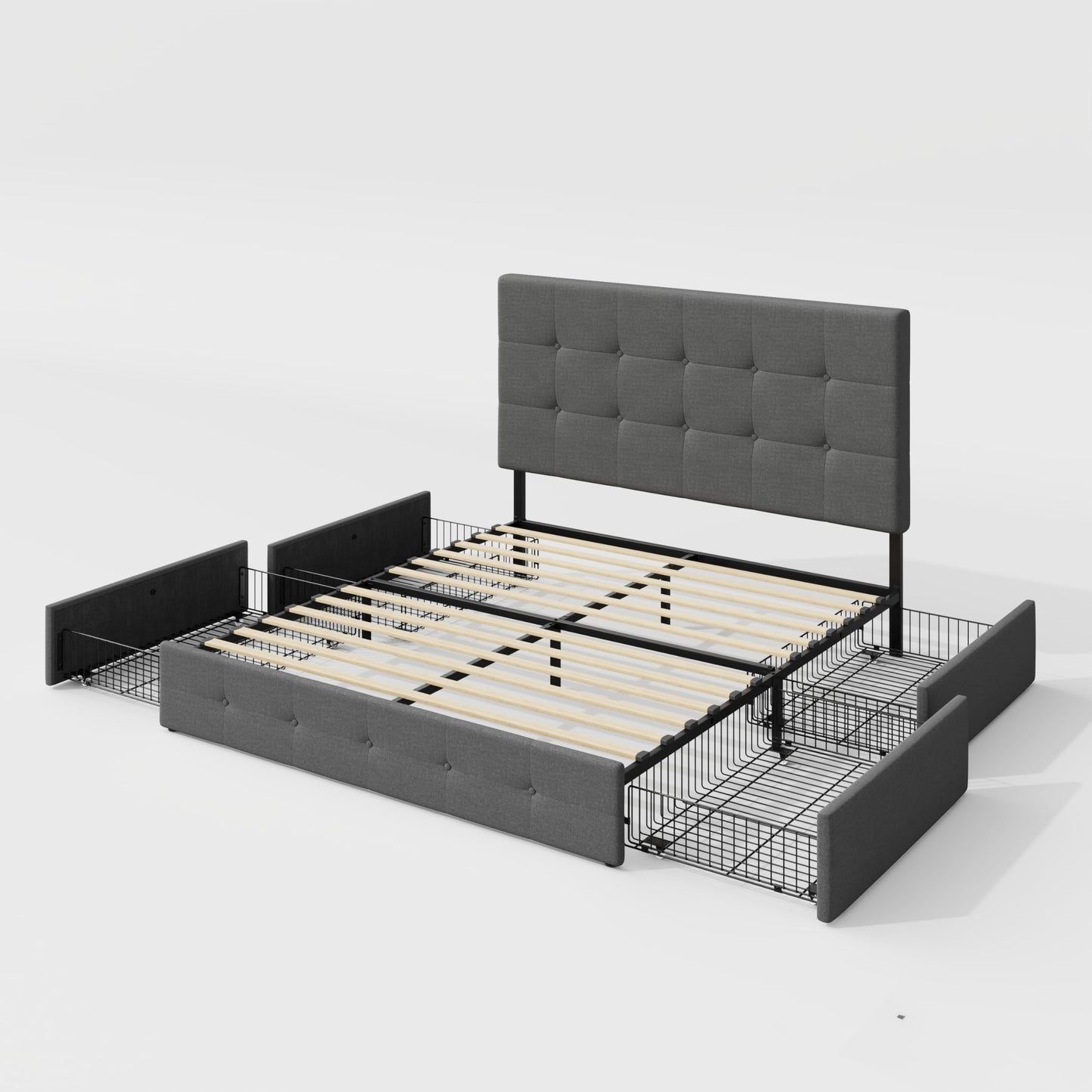 Allewie Upholstered Queen Size Platform Bed Frame with 4 Storage Drawers and Headboard, Square Stitched Button Tufted, Mattress Foundation with Wooden Slats Support, No Box Spring Needed, Light Grey