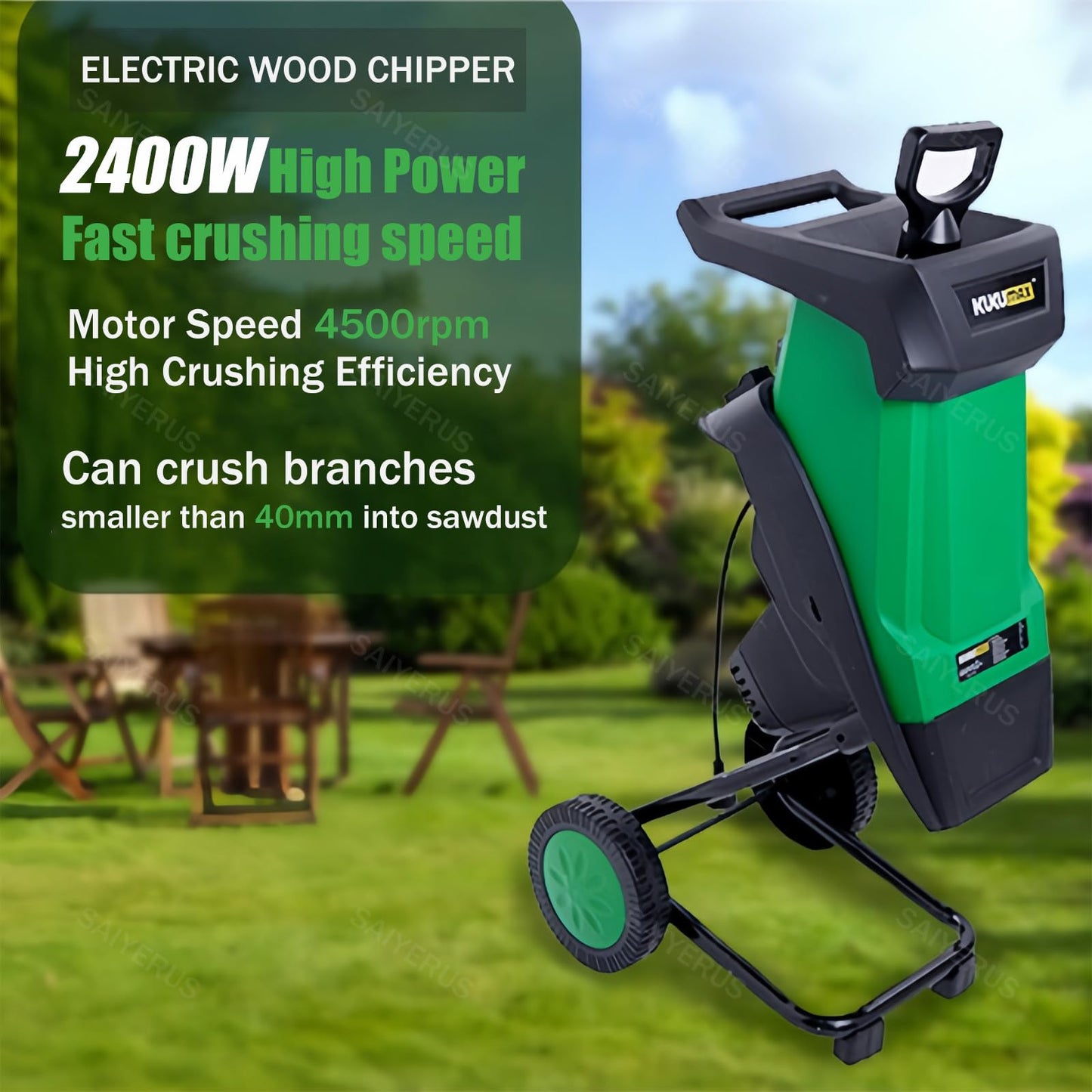 SAIYERUS Wood Chipper, 2400W 1.6" Cutting Diameter Electric Wood Chipper & Shredder with 50L Collection Bag, Efficient Mulcher for Easy Cleanup and Ideal for Yard Waste, Branches, and Leaves