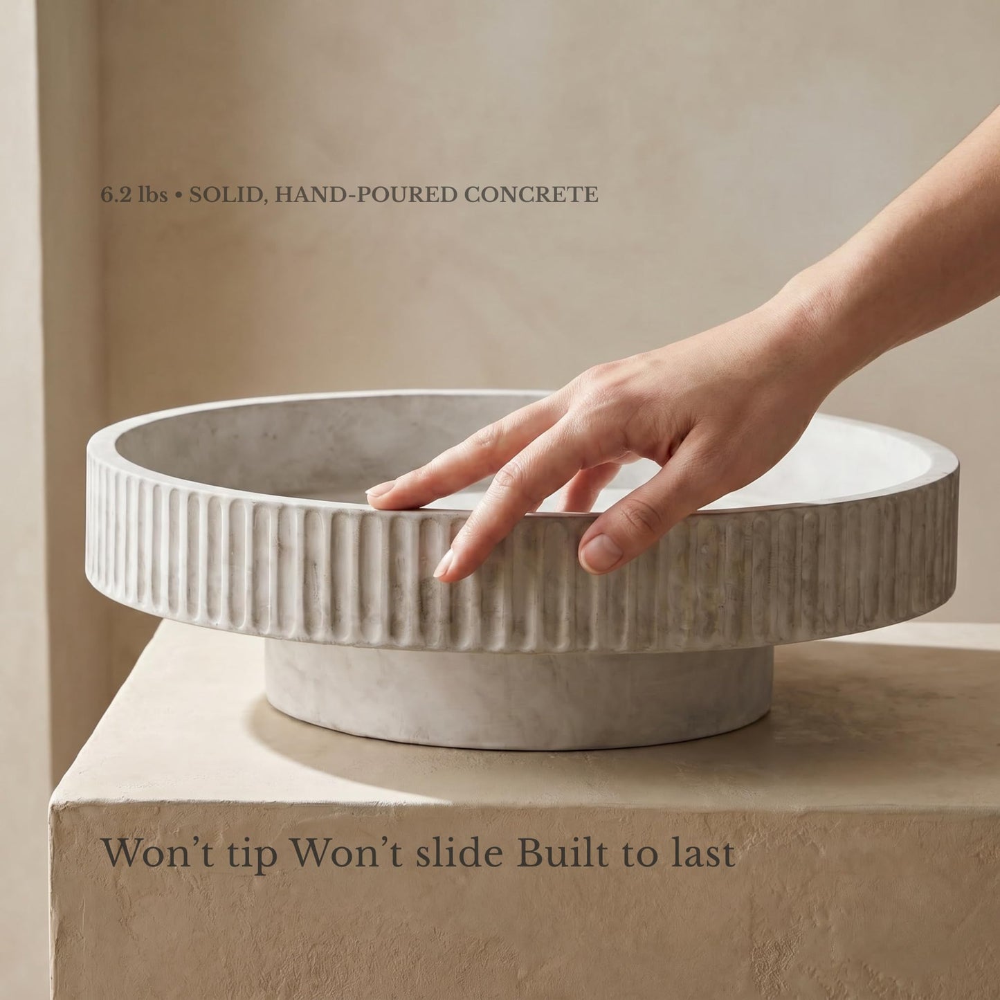 JUPTR Concrete Fruit Bowl (12") – Shallow Fluted Pedestal Decorative Centerpiece Bowl for Table, Entryway Catch-All & Modern Home Decor – Heavyweight Stone Bowl (Natural)