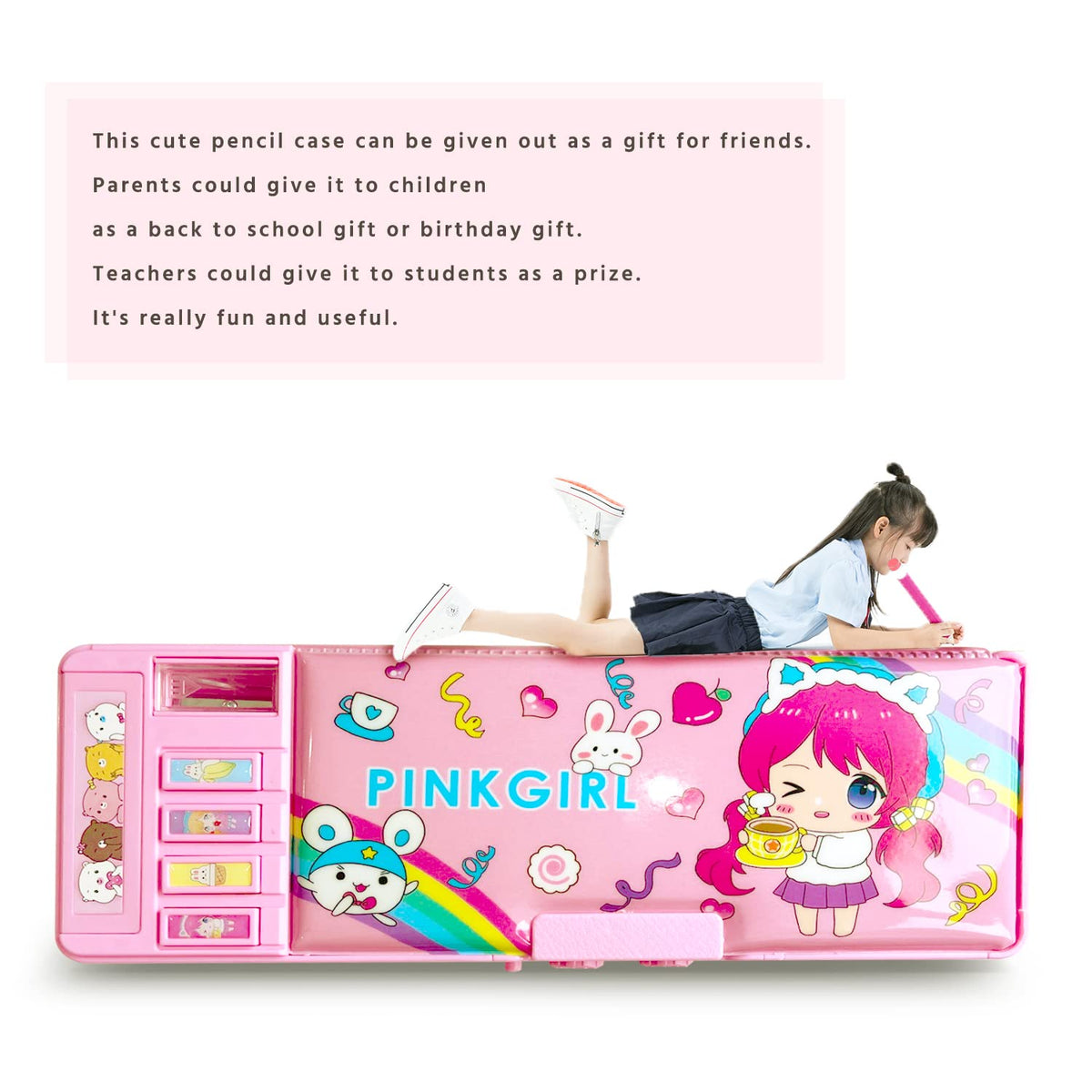 Pop Up Multifunction Pencil Case for Girls and Boys, Cute Cartoon Pen Box Organizer Stationery with Lock, Sharpener, Schedule, Whiteboard, School Supplies, Best Gifts for Kids Teens(Pink 2)