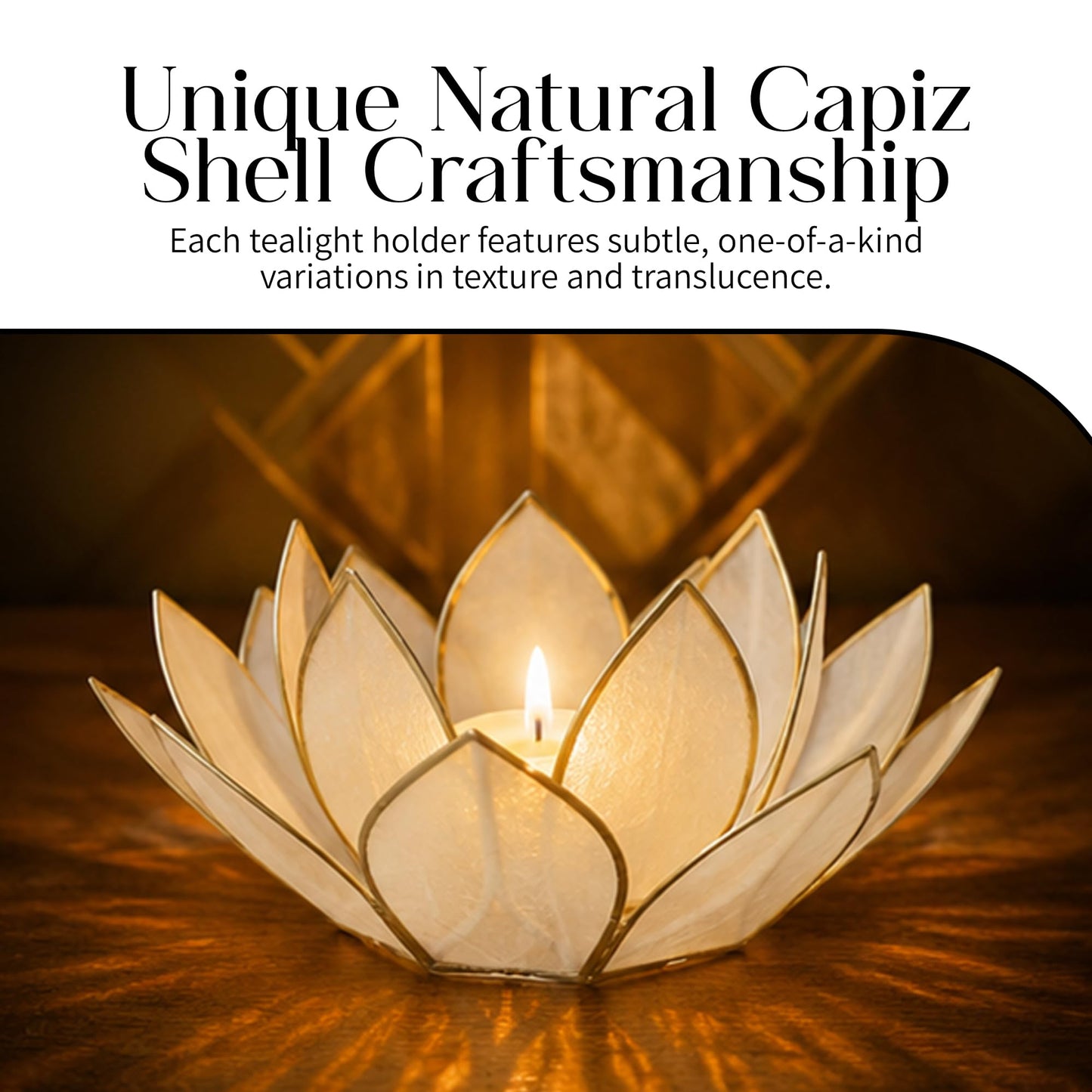 Om Gallery Mini Gemstone Lotus Tealight Holder - Handcrafted Capiz Shell Design for Soft Glow, Elegant Home & Table Decor, Wedding Centerpieces, Votive Candle Styling & Thoughtful Gifting - Pearl