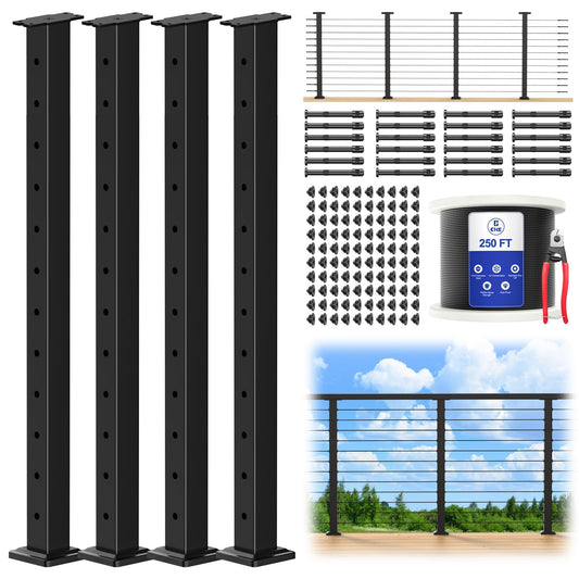 CKE 15ft-20ft Complete Set 42" Cable Railing Post Kit, 4Pack Black Level Drilled Line Posts(41"x2"x2"), Swageless Deck Cable Railing System Kit, 250ft 1/8" Wire Rope(No Handrail), Black Post Kit LPS02