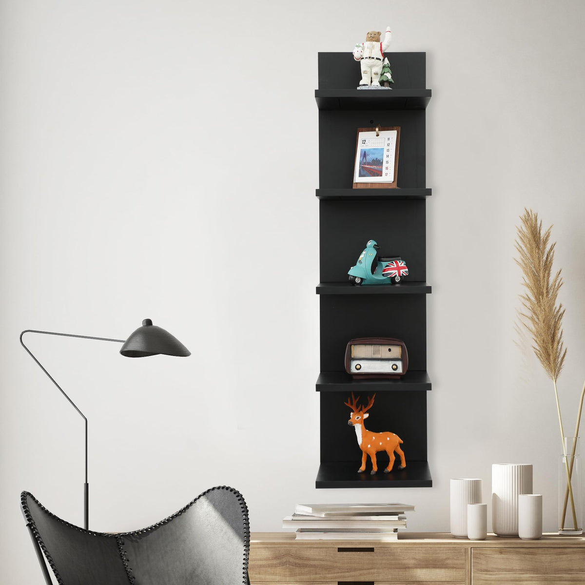 NIUBEST Wooden 5 Tier Wall Shelf,Vertical Column Floating Storage Home Decor Organizer,Floating Shelf Wall Decor Shelves for Bedroom, Living Room,Vanity(Black)
