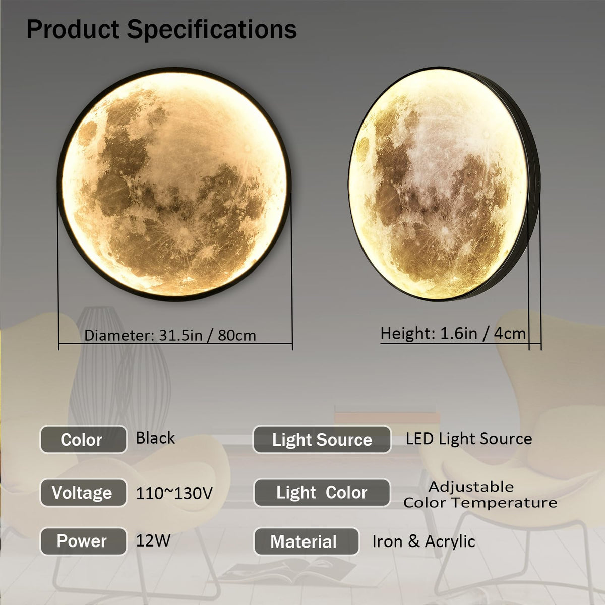 Clcmber Dimmable Moon Wall Light 31.5 Inch Indoor Plug in LED Wall Sconce with Remote Control Black Modern Wall Lamps for Bedroon Living Room Decor Lighted Wall Art